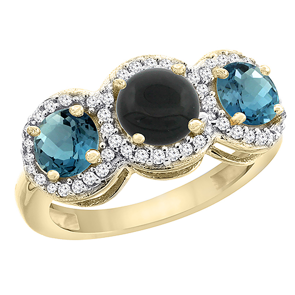 14K Yellow Gold Natural Black Onyx & London Blue Topaz Sides Round 3-stone Ring Diamond Accents, sizes 5 - 10