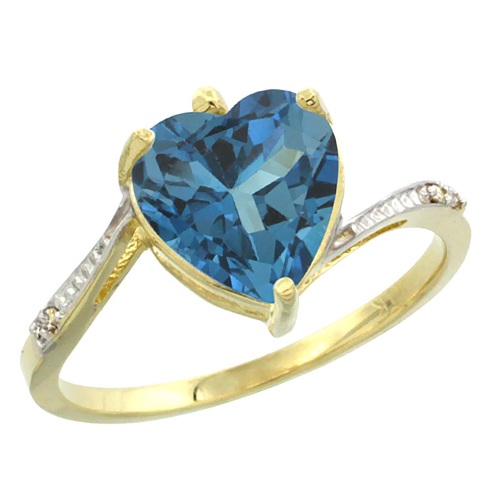14K Yellow Gold Natural London Blue Topaz Ring Heart 9x9mm Diamond Accent, sizes 5-10