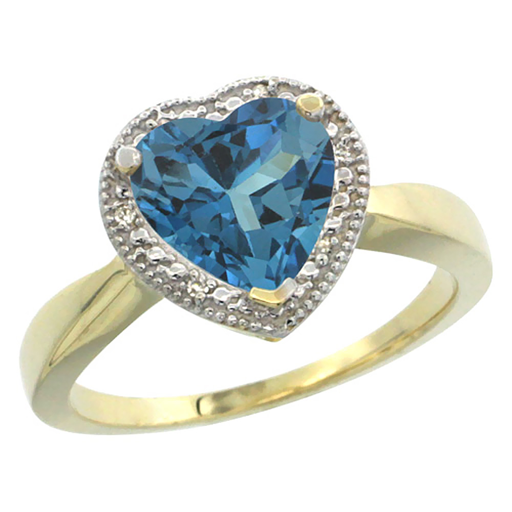 10K Yellow Gold Natural London Blue Topaz Ring Heart 8x8mm Diamond Accent, sizes 5-10
