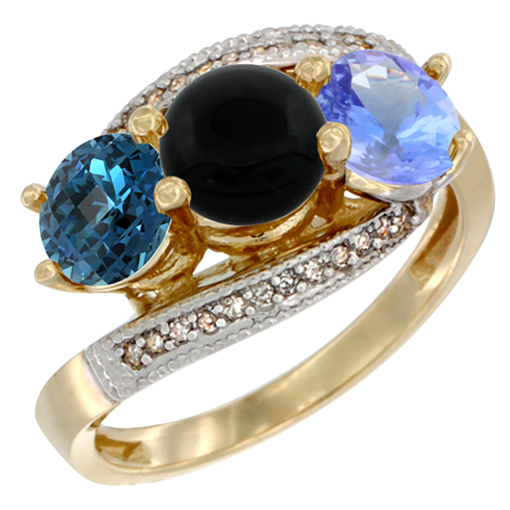 10K Yellow Gold Natural London Blue Topaz, Black Onyx & Tanzanite 3 stone Ring Round 6mm Diamond Accent, sizes 5 - 10