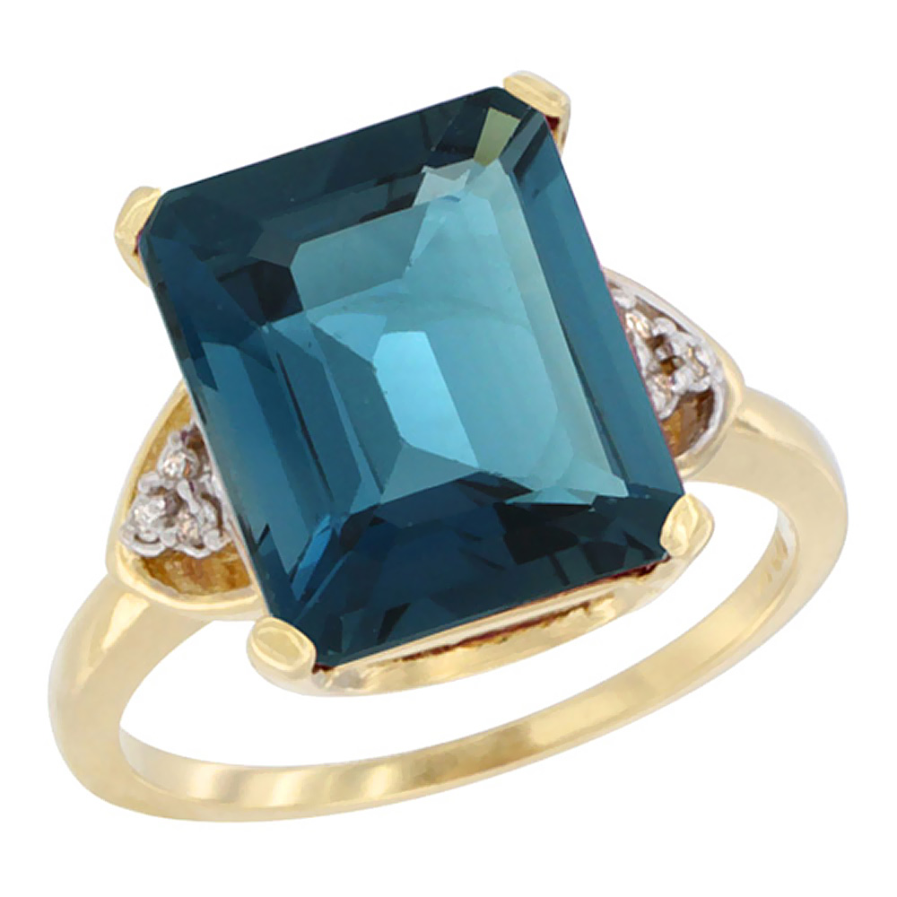 10K Yellow Gold Diamond Natural London Blue Topaz Ring Octagon 12x10 mm, sizes 5-10