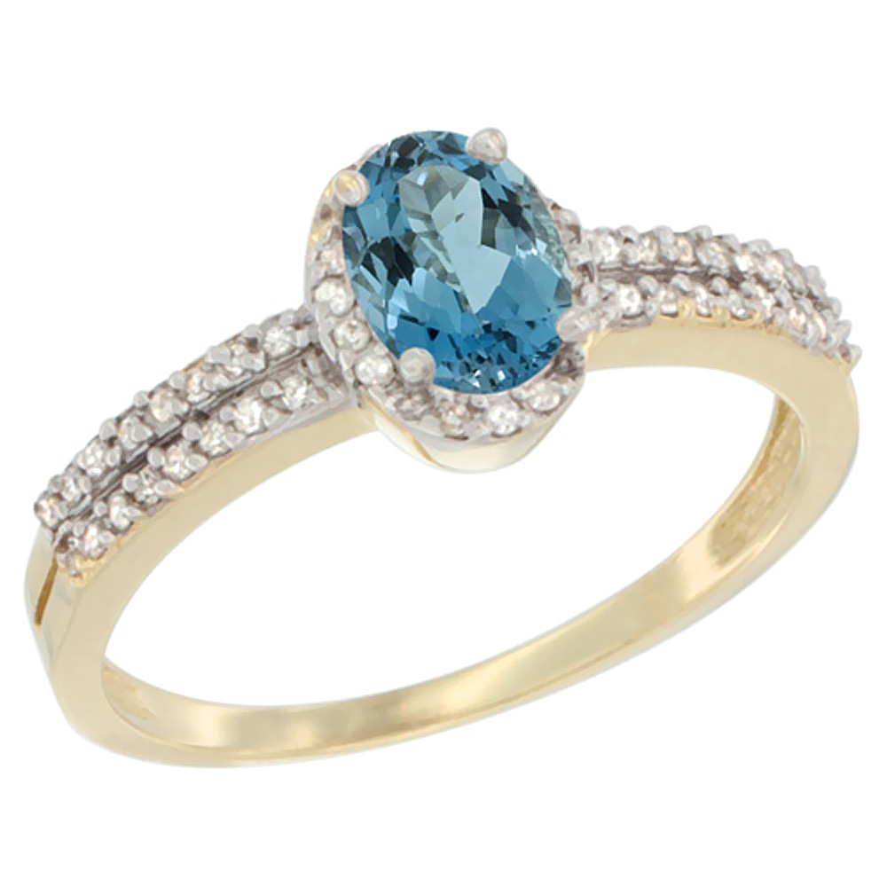 14K Yellow Gold Natural London Blue Topaz Ring Oval 6x4mm Diamond Accent, sizes 5-10