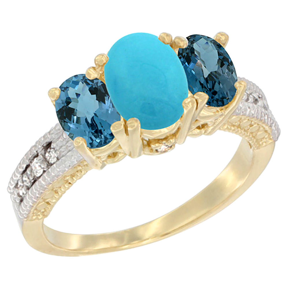 10K Yellow Gold Diamond Natural Turquoise Ring Oval 3-stone with London Blue Topaz, sizes 5 - 10