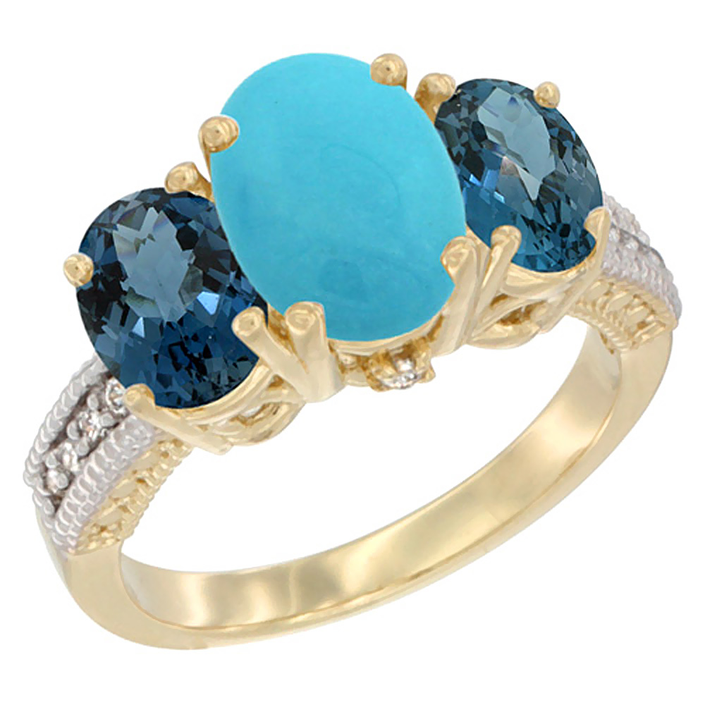 14K Yellow Gold Diamond Natural Turquoise Ring 3-Stone Oval 8x6mm with London Blue Topaz, sizes5-10