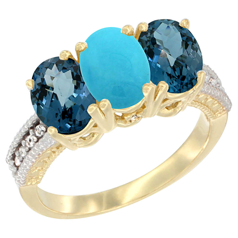 14K Yellow Gold Natural Turquoise &amp; London Blue Topaz Sides Ring 3-Stone 7x5 mm Oval Diamond Accent, sizes 5 - 10