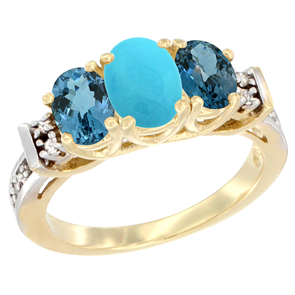 10K Yellow Gold Natural Turquoise & London Blue Ring 3-Stone Oval Diamond Accent