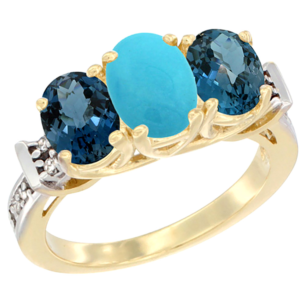 14K Yellow Gold Natural Turquoise & London Blue Topaz Sides Ring 3-Stone Oval Diamond Accent, sizes 5 - 10