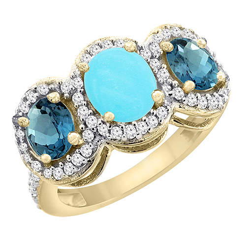 14K Yellow Gold Natural Turquoise & London Blue Topaz 3-Stone Ring Oval Diamond Accent, sizes 5 - 10
