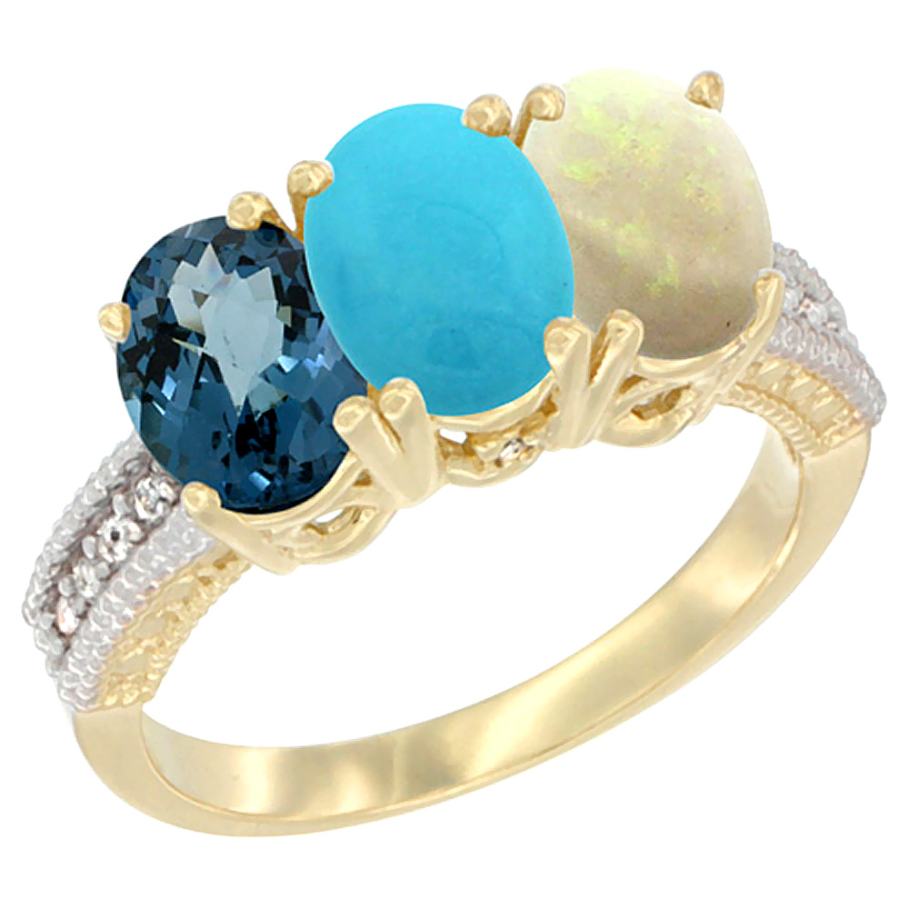 10K Yellow Gold Diamond Natural London Blue Topaz, Turquoise &amp; Opal Ring 3-Stone Oval 7x5 mm, sizes 5 - 10