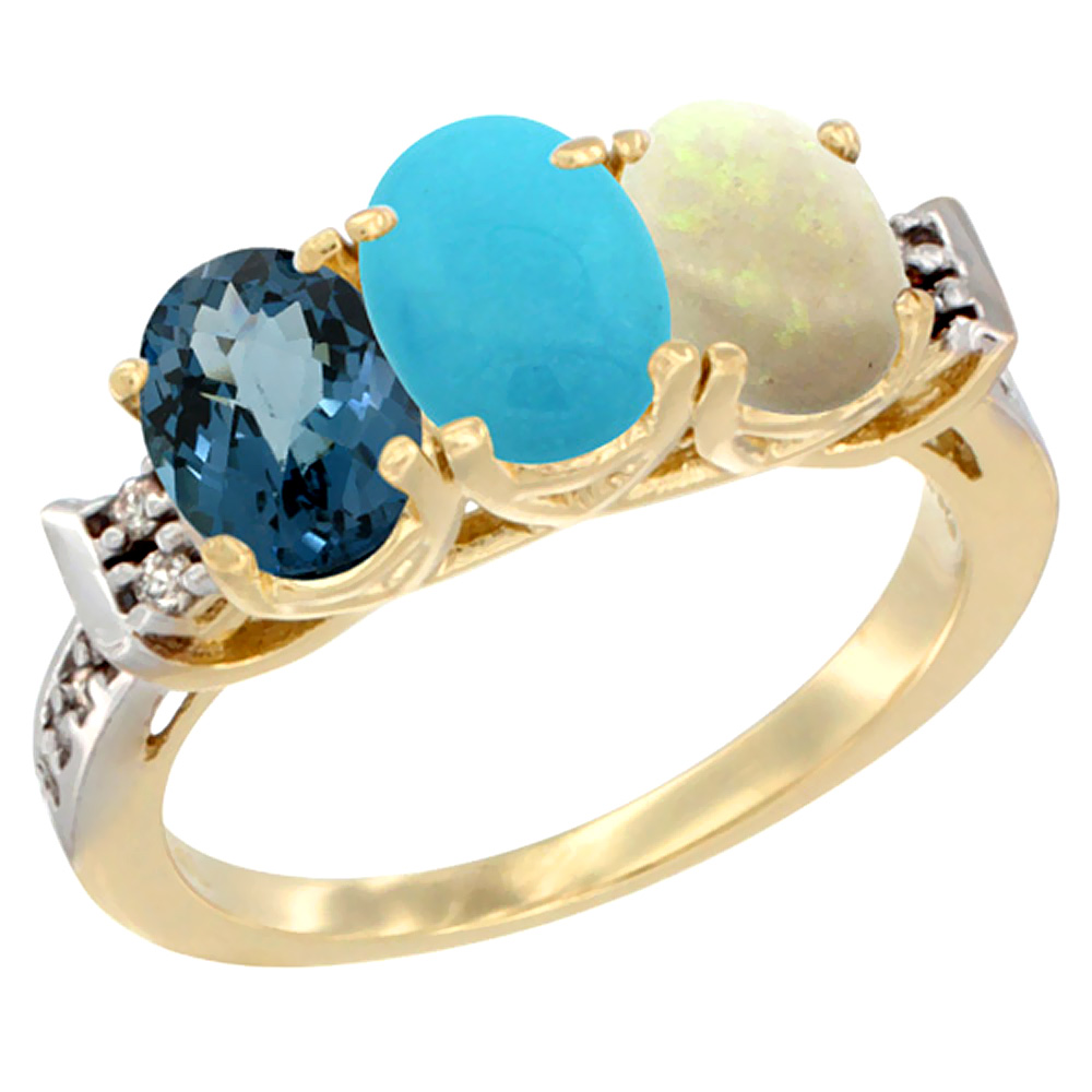 10K Yellow Gold Natural London Blue Topaz, Turquoise & Opal Ring 3-Stone Oval 7x5 mm Diamond Accent, sizes 5 - 10