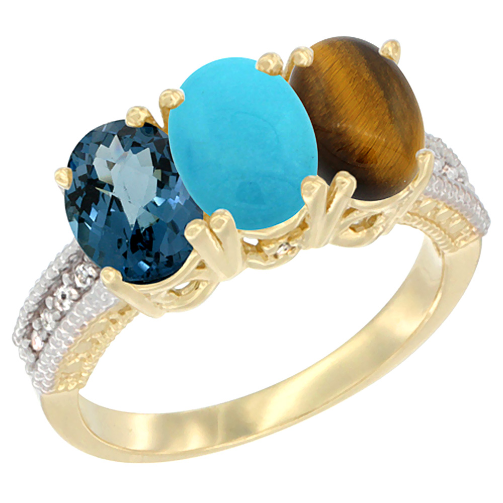 10K Yellow Gold Diamond Natural London Blue Topaz, Turquoise &amp; Tiger Eye Ring 3-Stone Oval 7x5 mm, sizes 5 - 10