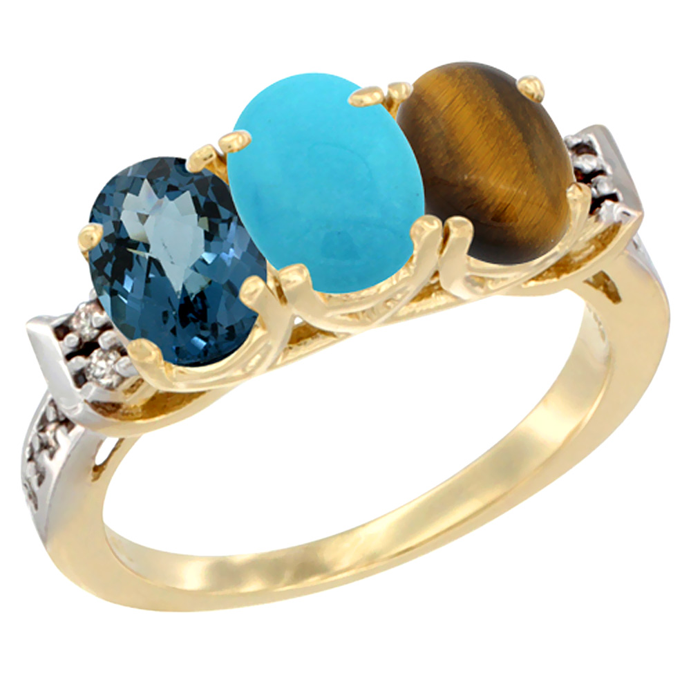 10K Yellow Gold Natural London Blue Topaz, Turquoise & Tiger Eye Ring 3-Stone Oval 7x5 mm Diamond Accent, sizes 5 - 10
