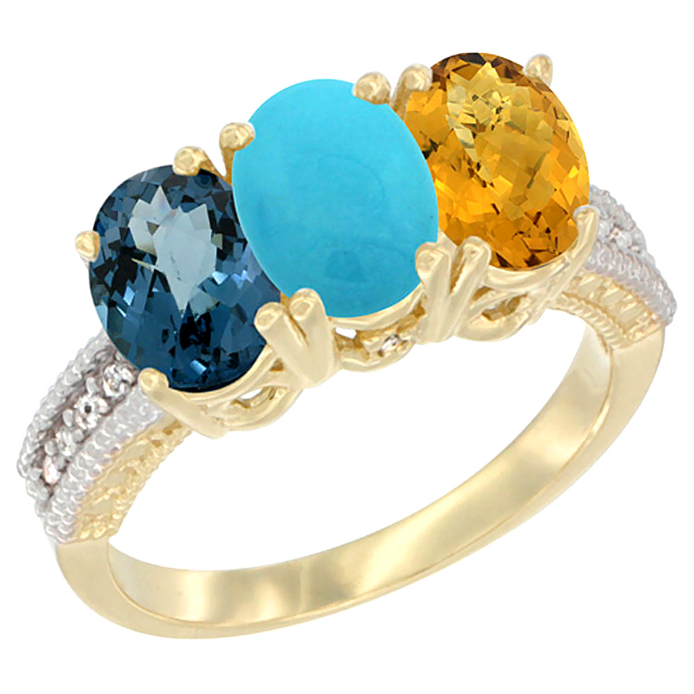 14K Yellow Gold Natural London Blue Topaz, Turquoise &amp; Whisky Quartz Ring 3-Stone 7x5 mm Oval Diamond Accent, sizes 5 - 10