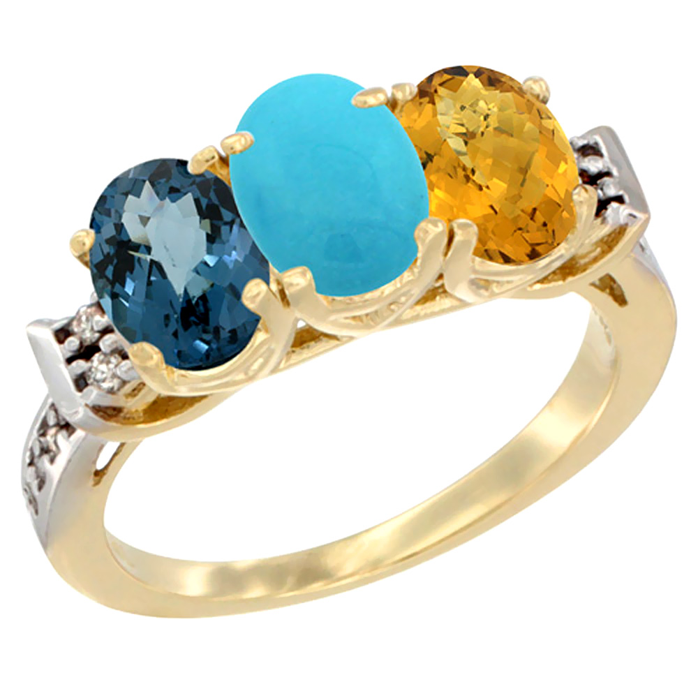 10K Yellow Gold Natural London Blue Topaz, Turquoise &amp; Whisky Quartz Ring 3-Stone Oval 7x5 mm Diamond Accent, sizes 5 - 10