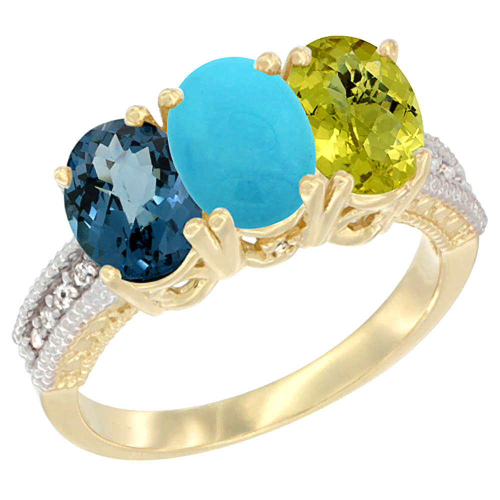 14K Yellow Gold Natural London Blue Topaz, Turquoise &amp; Lemon Quartz Ring 3-Stone 7x5 mm Oval Diamond Accent, sizes 5 - 10