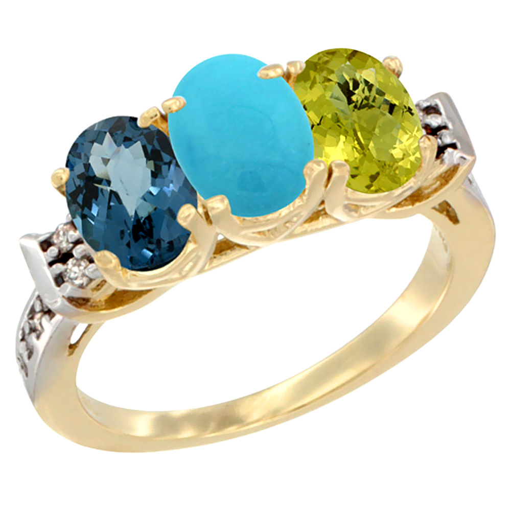14K Yellow Gold Natural London Blue Topaz, Turquoise &amp; Lemon Quartz Ring 3-Stone 7x5 mm Oval Diamond Accent, sizes 5 - 10