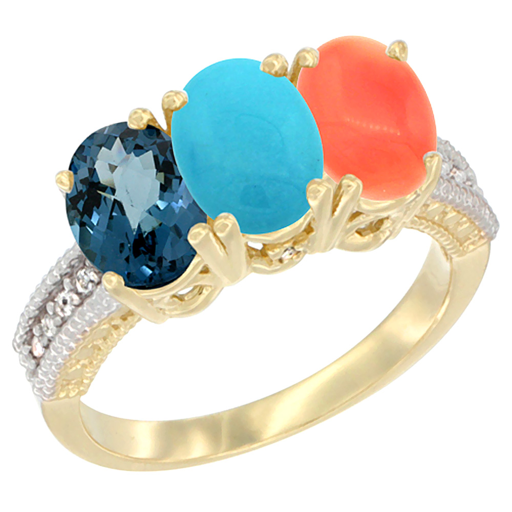 14K Yellow Gold Natural London Blue Topaz, Turquoise &amp; Coral Ring 3-Stone 7x5 mm Oval Diamond Accent, sizes 5 - 10