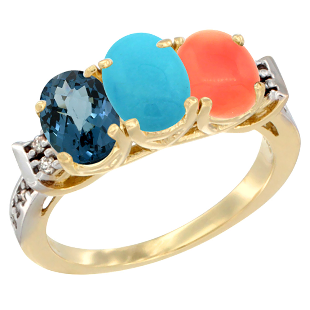 10K Yellow Gold Natural London Blue Topaz, Turquoise & Coral Ring 3-Stone Oval 7x5 mm Diamond Accent, sizes 5 - 10