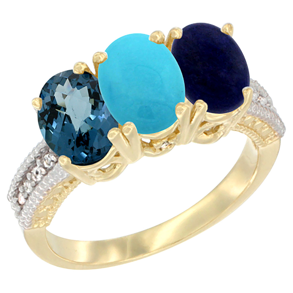 14K Yellow Gold Natural London Blue Topaz, Turquoise & Lapis Ring 3-Stone 7x5 mm Oval Diamond Accent, sizes 5 - 10