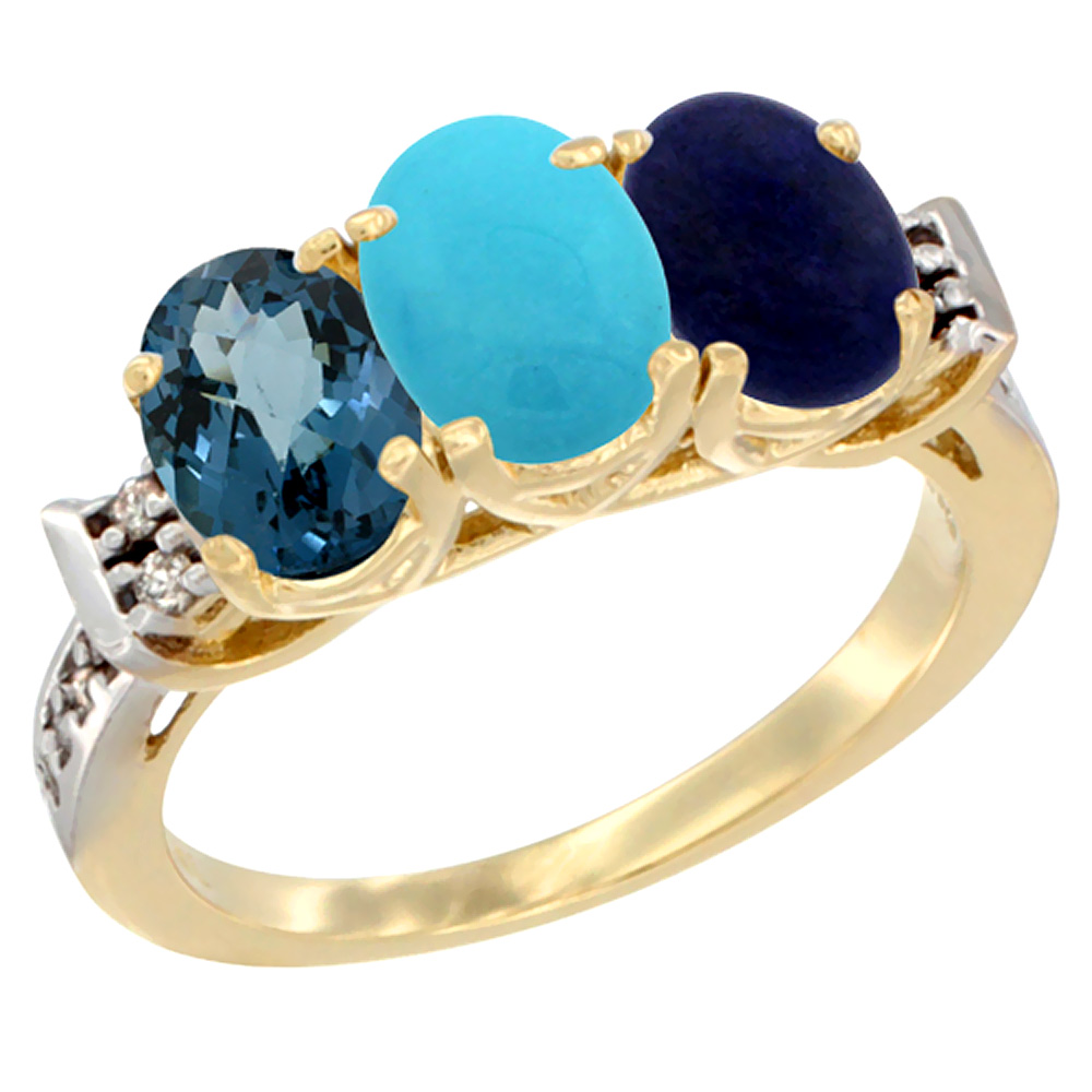 10K Yellow Gold Natural London Blue Topaz, Turquoise & Lapis Ring 3-Stone Oval 7x5 mm Diamond Accent, sizes 5 - 10