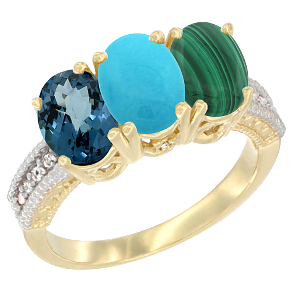 14K Yellow Gold Natural London Blue Topaz, Turquoise &amp; Malachite Ring 3-Stone 7x5 mm Oval Diamond Accent, sizes 5 - 10