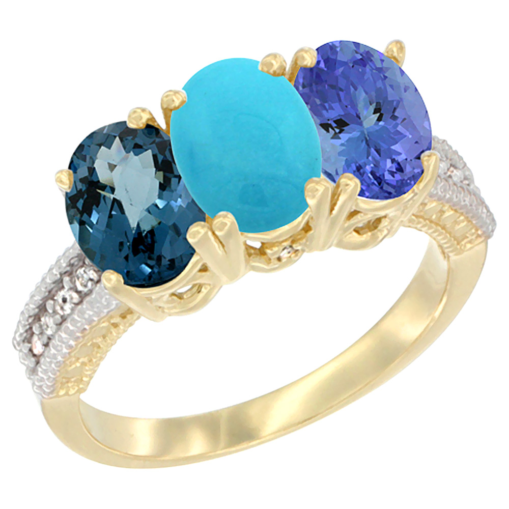 14K Yellow Gold Natural London Blue Topaz, Turquoise &amp; Tanzanite Ring 3-Stone 7x5 mm Oval Diamond Accent, sizes 5 - 10