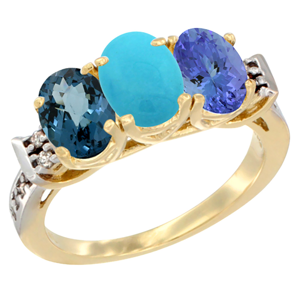 10K Yellow Gold Natural London Blue Topaz, Turquoise &amp; Tanzanite Ring 3-Stone Oval 7x5 mm Diamond Accent, sizes 5 - 10