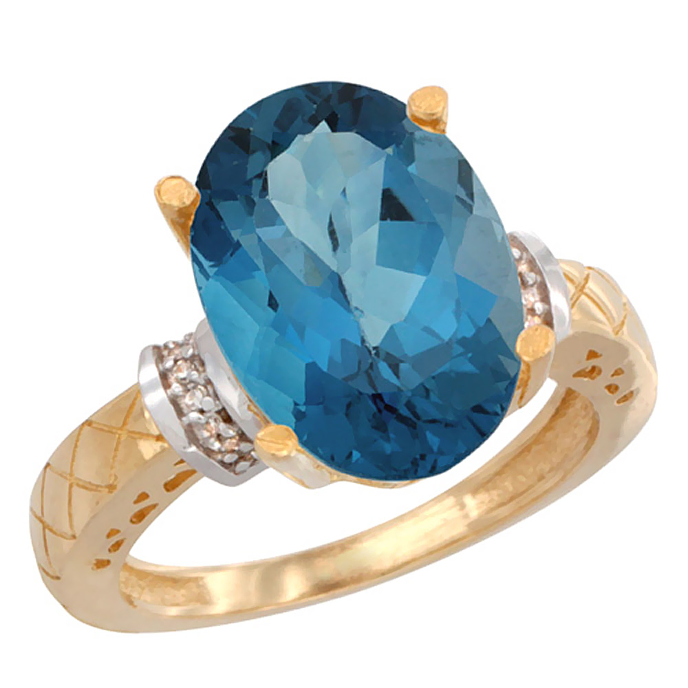 10K Yellow Gold Diamond Natural London Blue Topaz Ring Oval 14x10mm, sizes 5-10