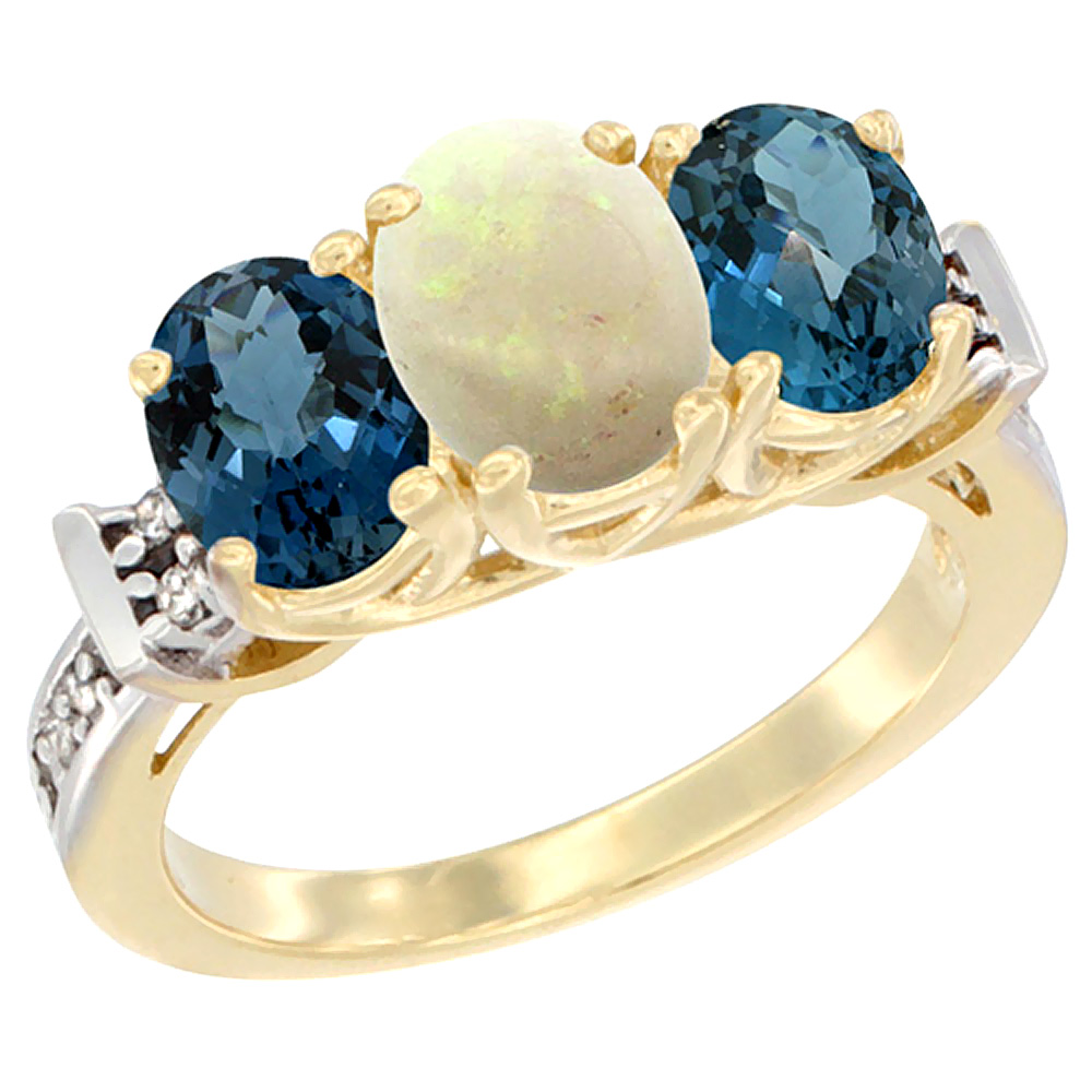 10K Yellow Gold Natural Opal &amp; London Blue Topaz Sides Ring 3-Stone Oval Diamond Accent, sizes 5 - 10