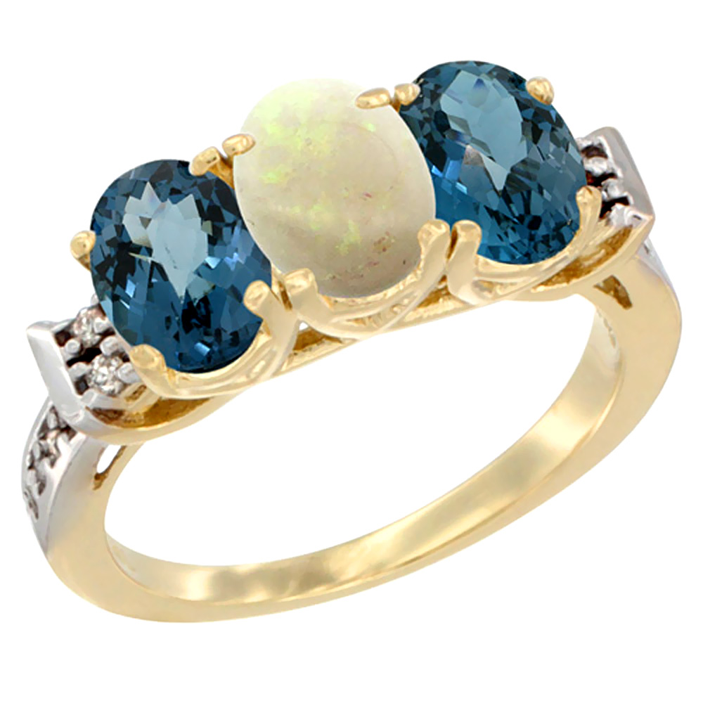 10K Yellow Gold Natural Opal &amp; London Blue Topaz Sides Ring 3-Stone Oval 7x5 mm Diamond Accent, sizes 5 - 10