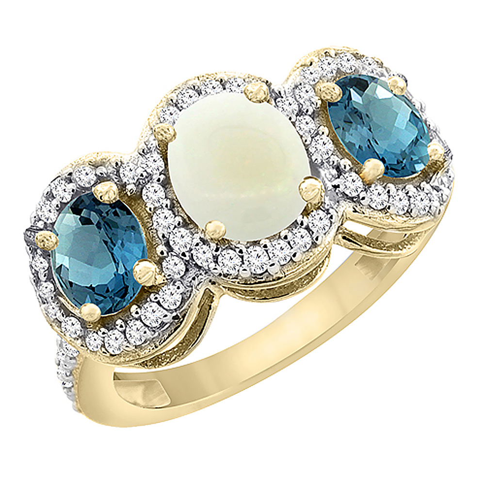 10K Yellow Gold Natural Opal &amp; London Blue Topaz 3-Stone Ring Oval Diamond Accent, sizes 5 - 10