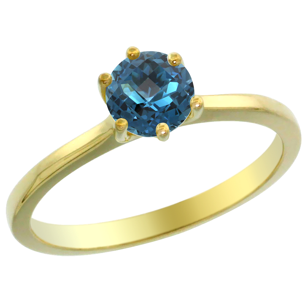 14K Yellow Gold Natural London Blue Topaz Solitaire Ring Round 6mm, sizes 5 - 10