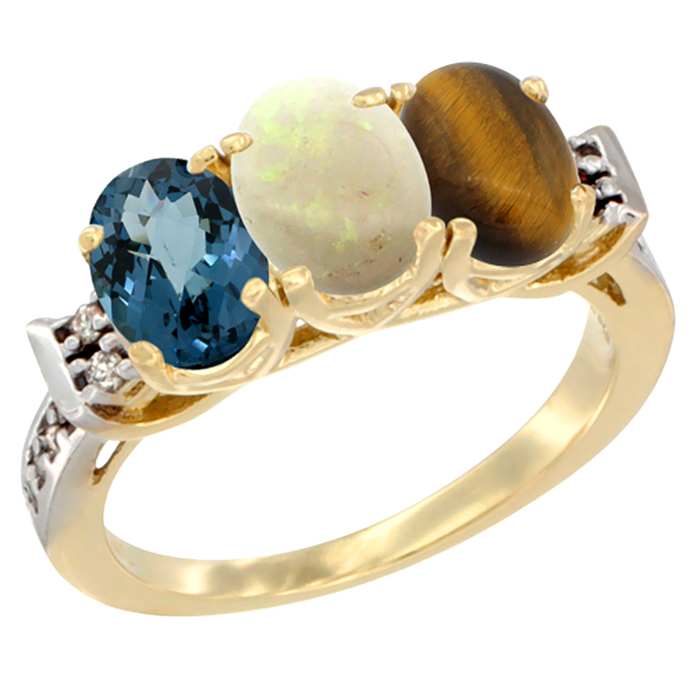 10K Yellow Gold Natural London Blue Topaz, Opal &amp; Tiger Eye Ring 3-Stone Oval 7x5 mm Diamond Accent, sizes 5 - 10
