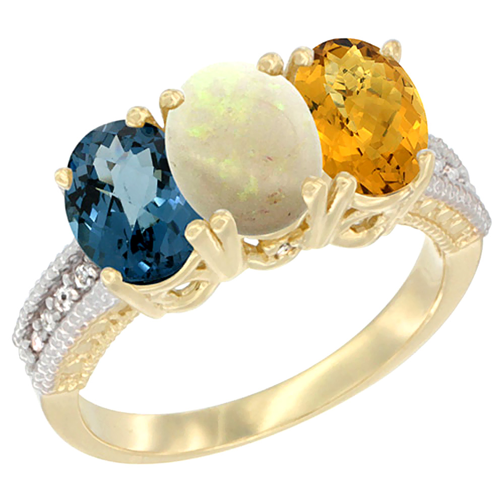 14K Yellow Gold Natural London Blue Topaz, Opal &amp; Whisky Quartz Ring 3-Stone 7x5 mm Oval Diamond Accent, sizes 5 - 10