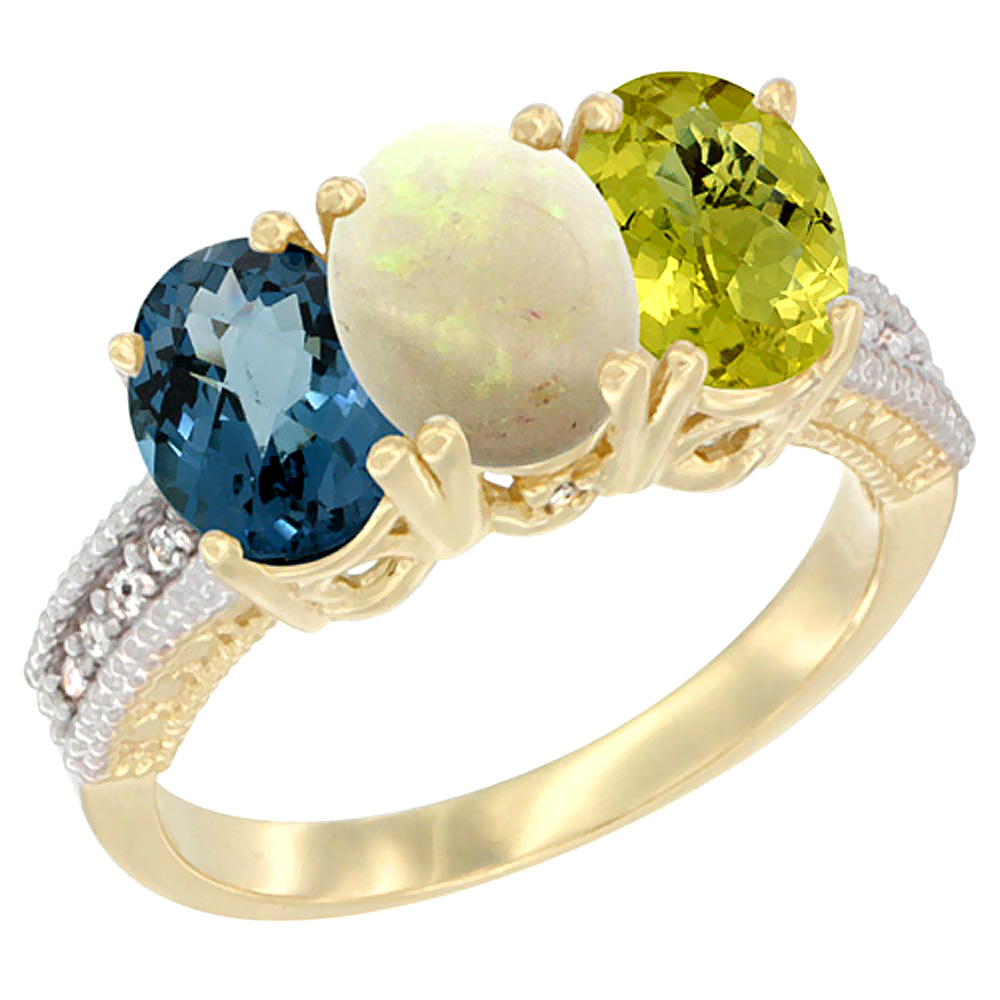 14K Yellow Gold Natural London Blue Topaz, Opal &amp; Lemon Quartz Ring 3-Stone 7x5 mm Oval Diamond Accent, sizes 5 - 10