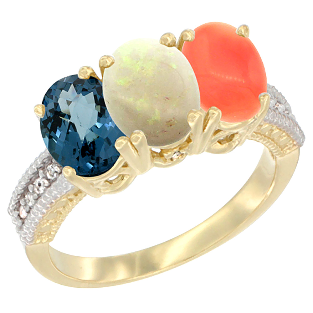 14K Yellow Gold Natural London Blue Topaz, Opal &amp; Coral Ring 3-Stone 7x5 mm Oval Diamond Accent, sizes 5 - 10