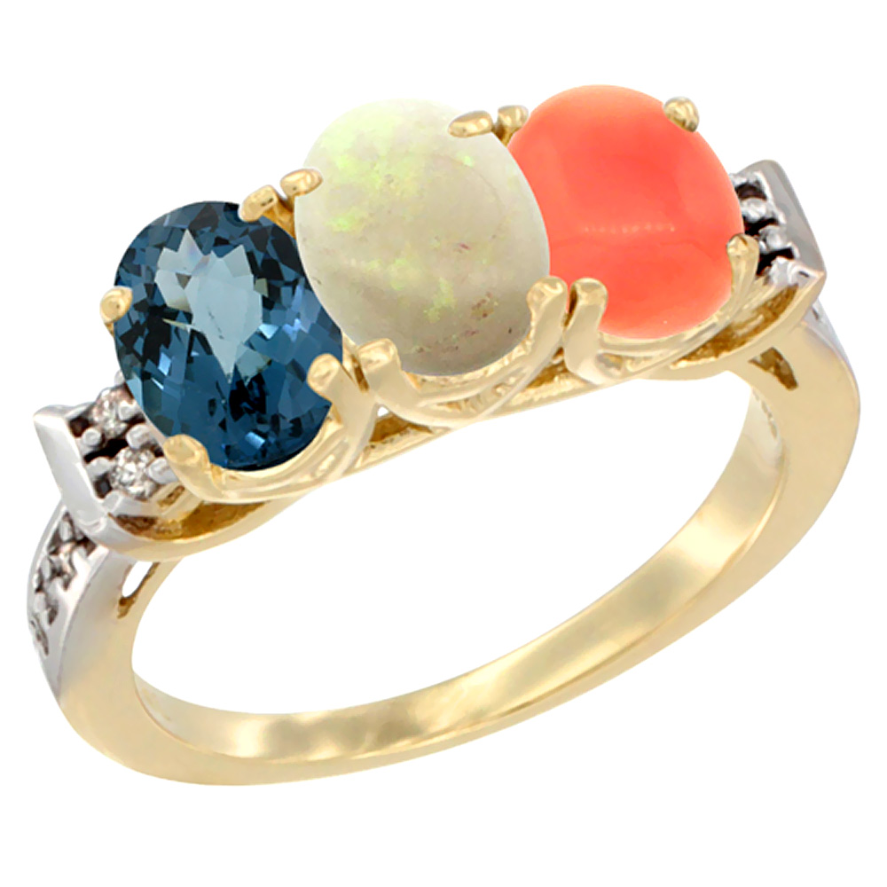 10K Yellow Gold Natural London Blue Topaz, Opal & Coral Ring 3-Stone Oval 7x5 mm Diamond Accent, sizes 5 - 10