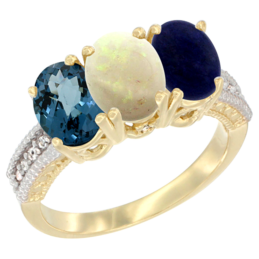 14K Yellow Gold Natural London Blue Topaz, Opal & Lapis Ring 3-Stone 7x5 mm Oval Diamond Accent, sizes 5 - 10