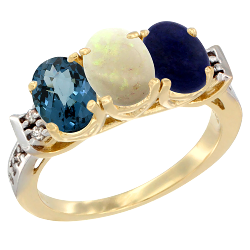 10K Yellow Gold Natural London Blue Topaz, Opal & Lapis Ring 3-Stone Oval 7x5 mm Diamond Accent, sizes 5 - 10