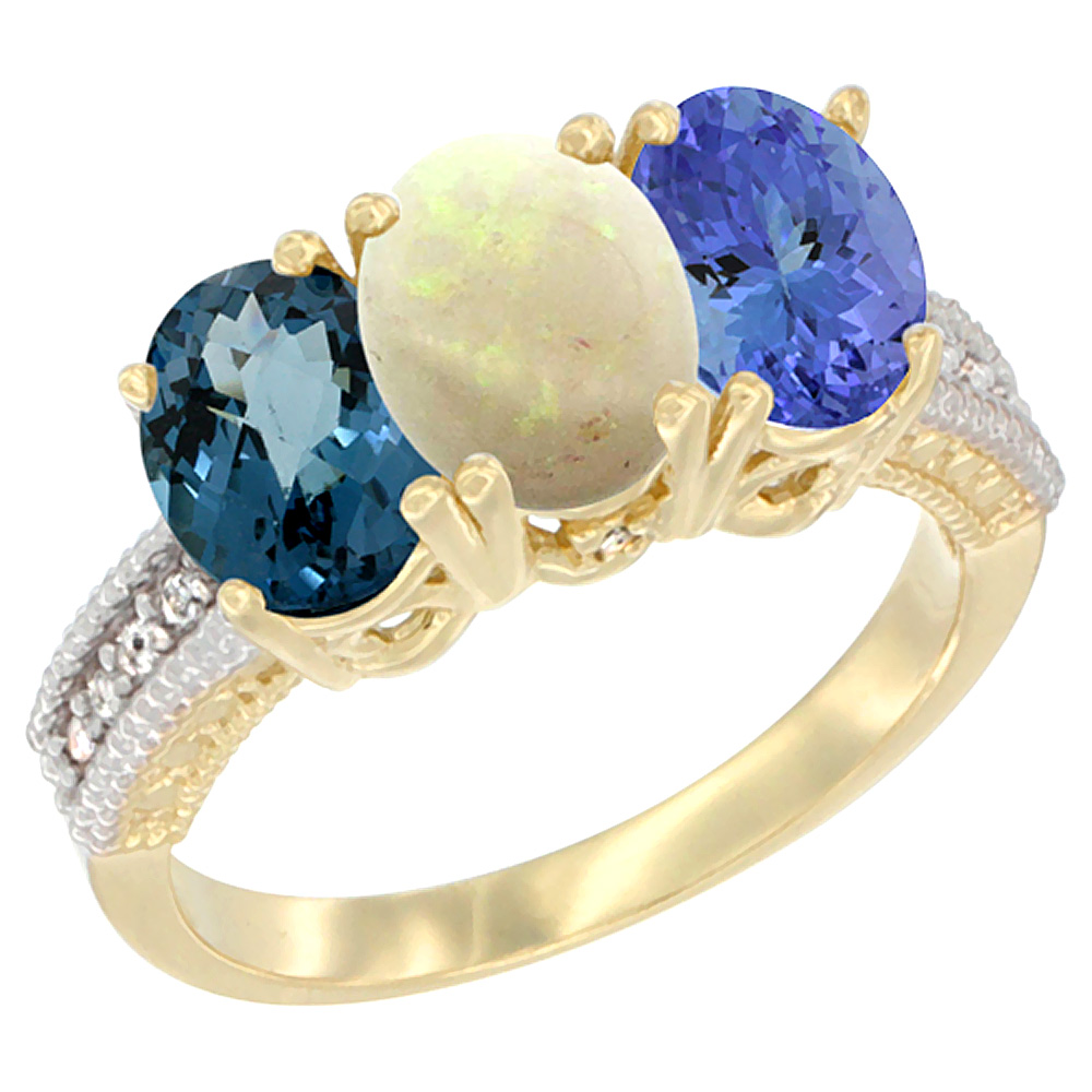 14K Yellow Gold Natural London Blue Topaz, Opal &amp; Tanzanite Ring 3-Stone 7x5 mm Oval Diamond Accent, sizes 5 - 10