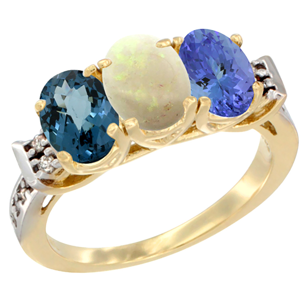 10K Yellow Gold Natural London Blue Topaz, Opal &amp; Tanzanite Ring 3-Stone Oval 7x5 mm Diamond Accent, sizes 5 - 10