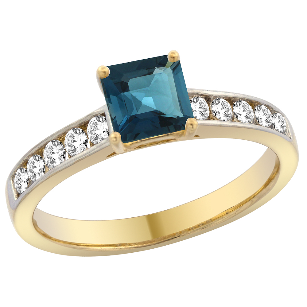 14K Yellow Gold Natural London Blue Topaz Engagement Ring Princess cut 5mm, sizes 5 - 10