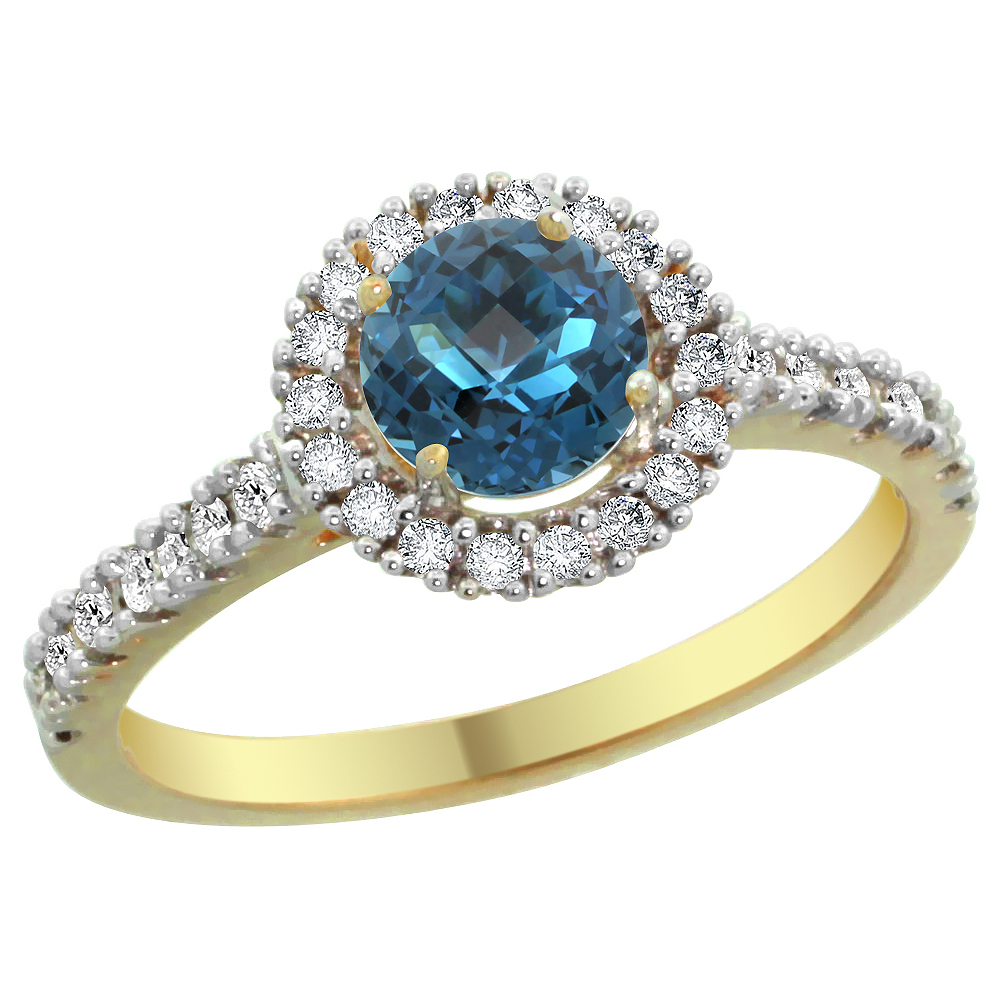 14K Yellow Gold Diamond Halo Natural London Blue Topaz Ring Round 6mm, sizes 5 - 10