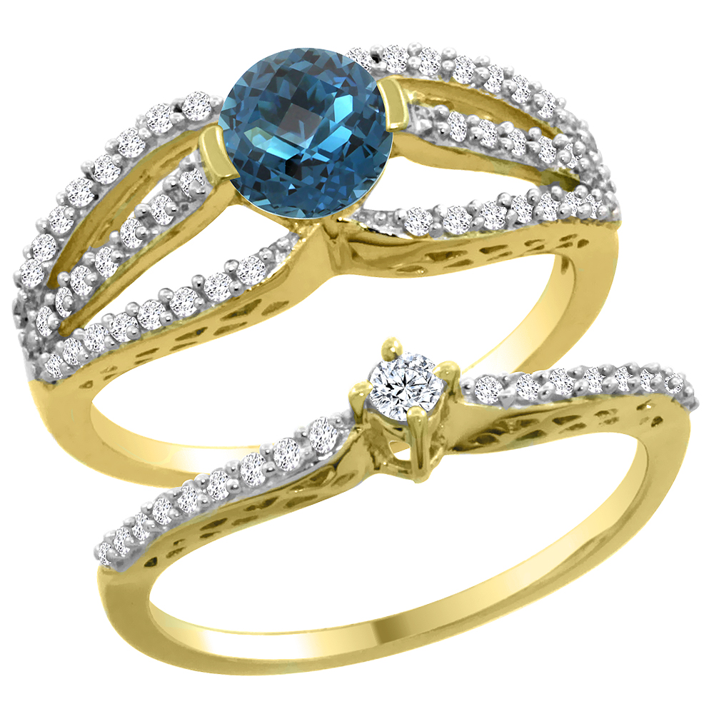 14K Yellow Gold Natural London Blue Topaz 2-piece Engagement Ring Set Round 5mm, sizes 5 - 10