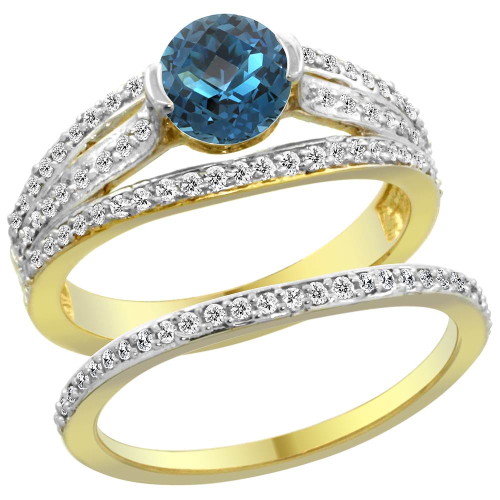 14K Yellow Gold Natural London Blue Topaz 2-piece Engagement Ring Set Round 6mm, sizes 5 - 10