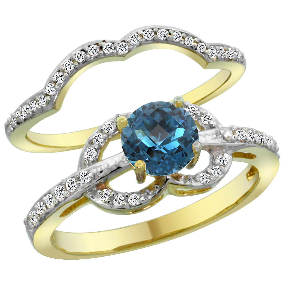 14K Yellow Gold Natural London Blue Topaz 2-piece Engagement Ring Set Round 6mm, sizes 5 - 10