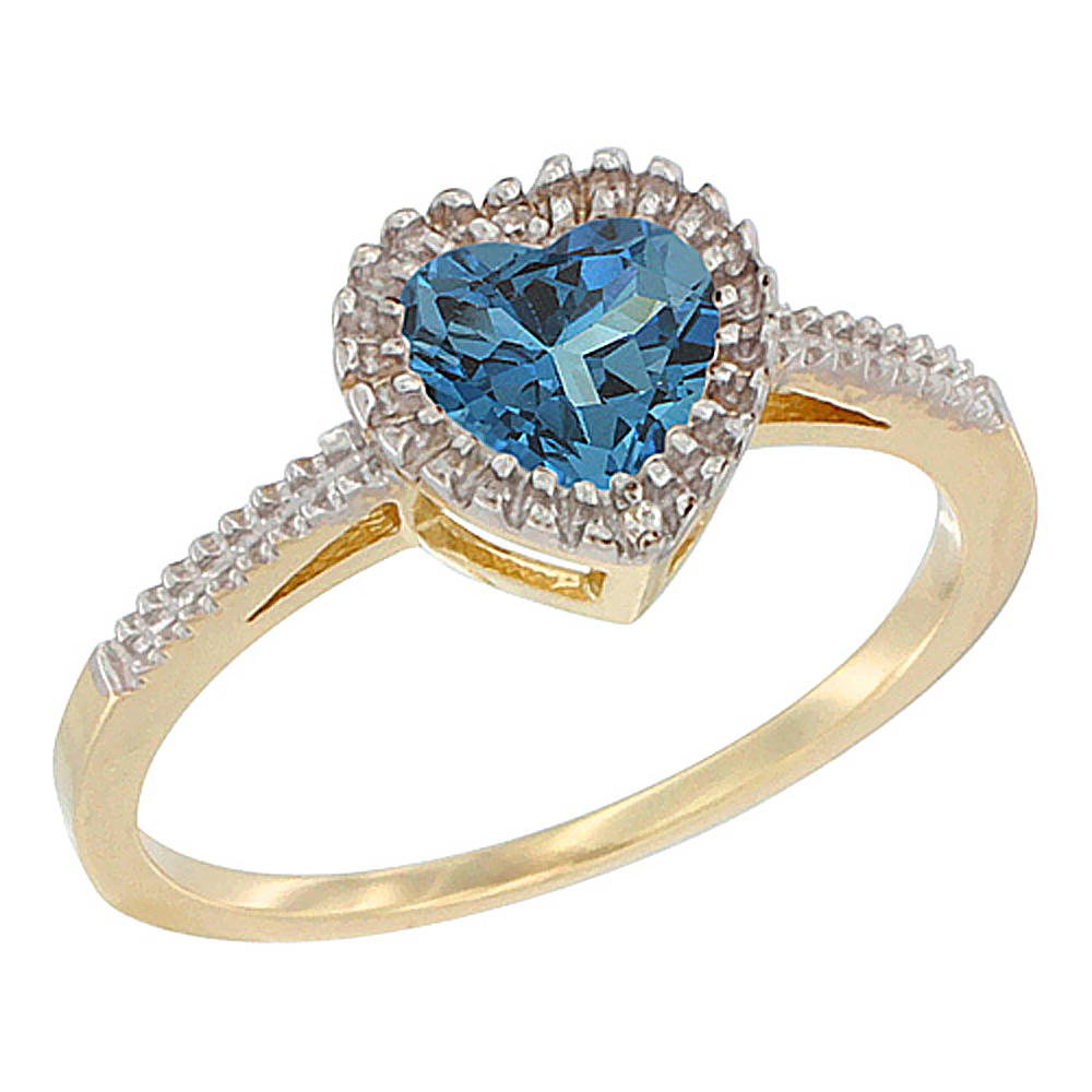10K Yellow Gold Natural London Blue Topaz Ring Heart 6x6 mm, sizes 5 - 10