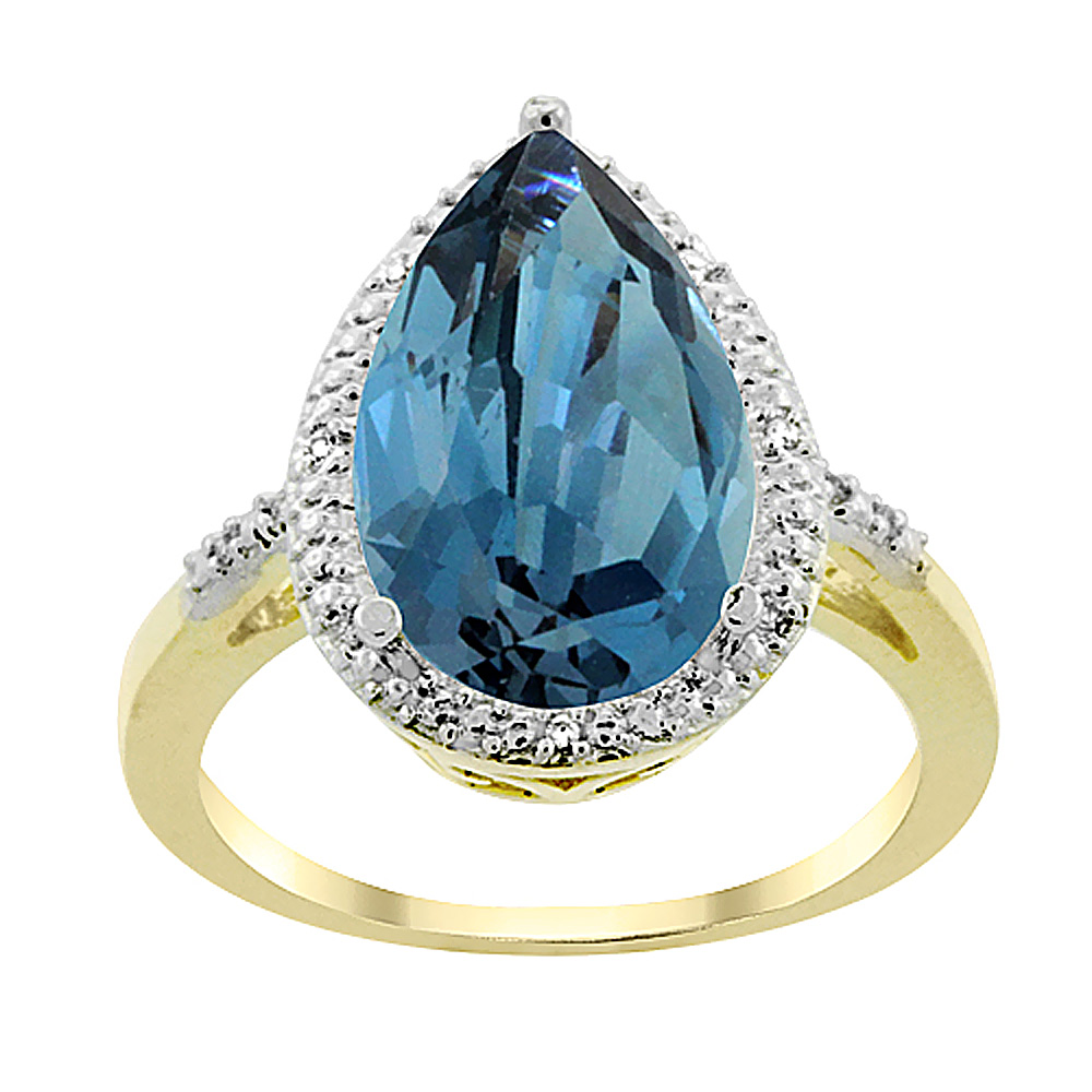 10K Yellow Gold Natural London Blue Topaz Ring Pear Shape 10x15 mm Diamond Accent, sizes 5 - 10