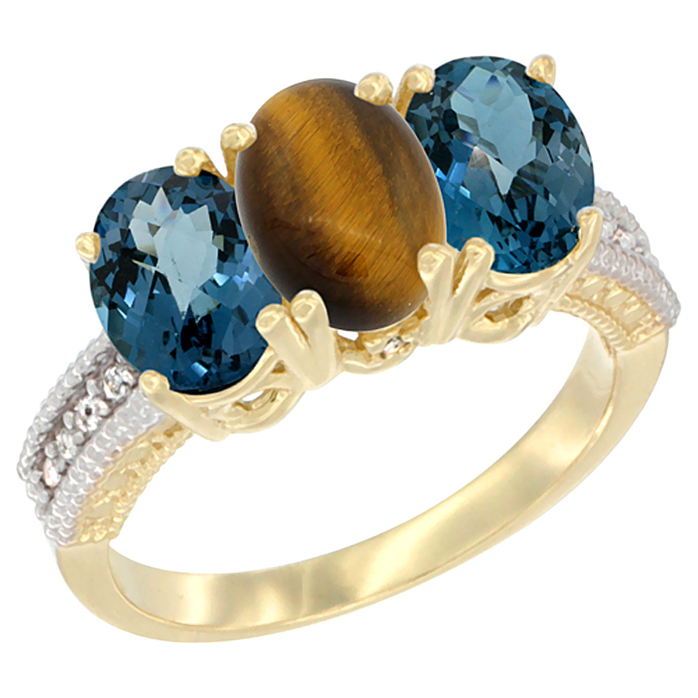 10K Yellow Gold Diamond Natural Tiger Eye & London Blue Topaz Ring 3-Stone Oval 7x5 mm, sizes 5 - 10