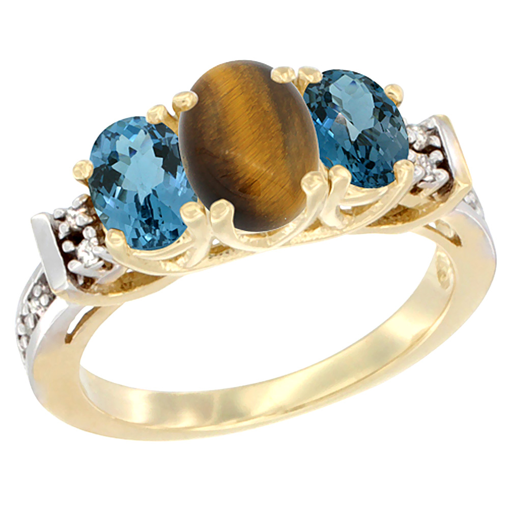 10K Yellow Gold Natural Tiger Eye & London Blue Ring 3-Stone Oval Diamond Accent